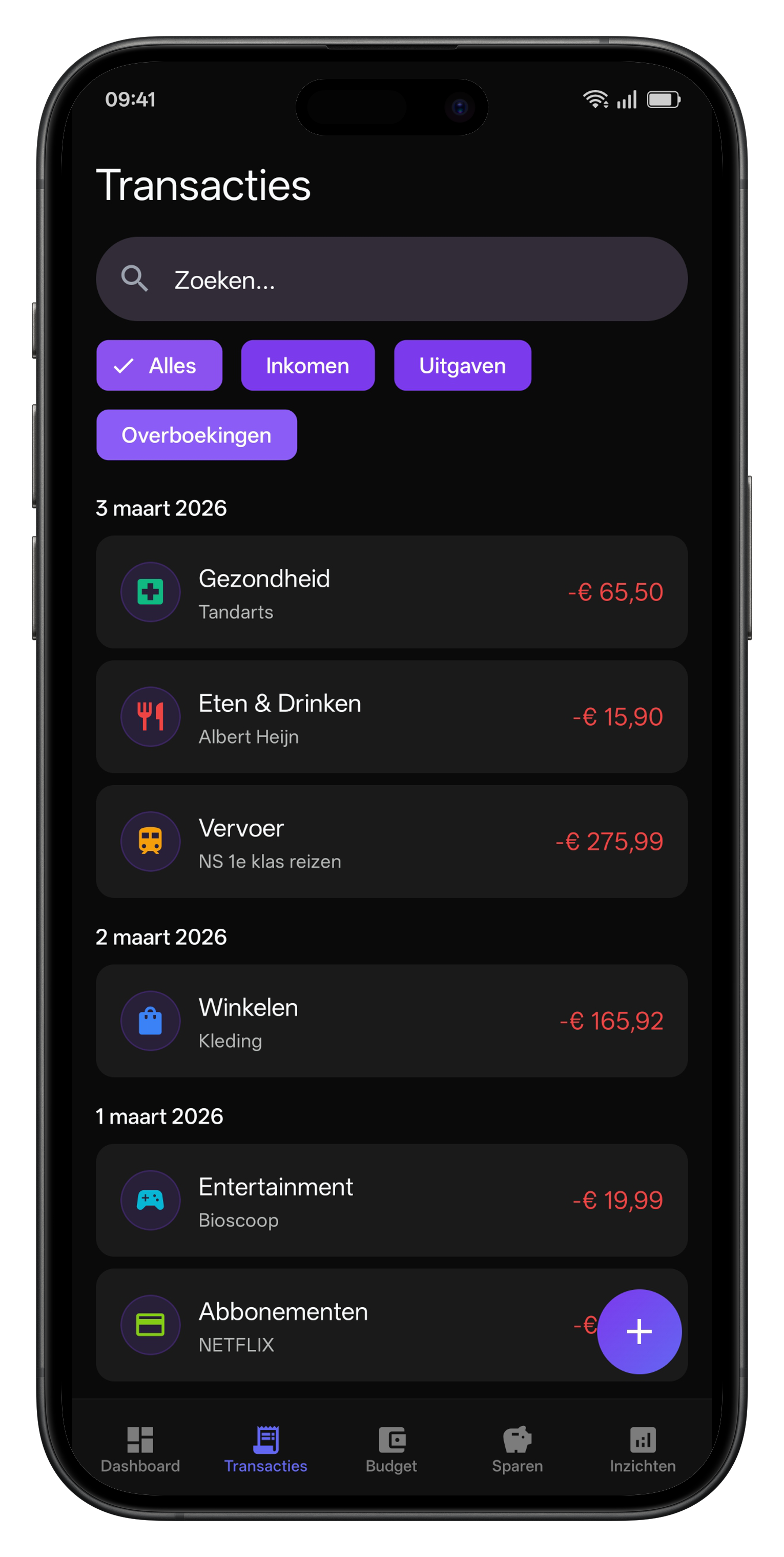 FINQO — Transaction list with categories and search